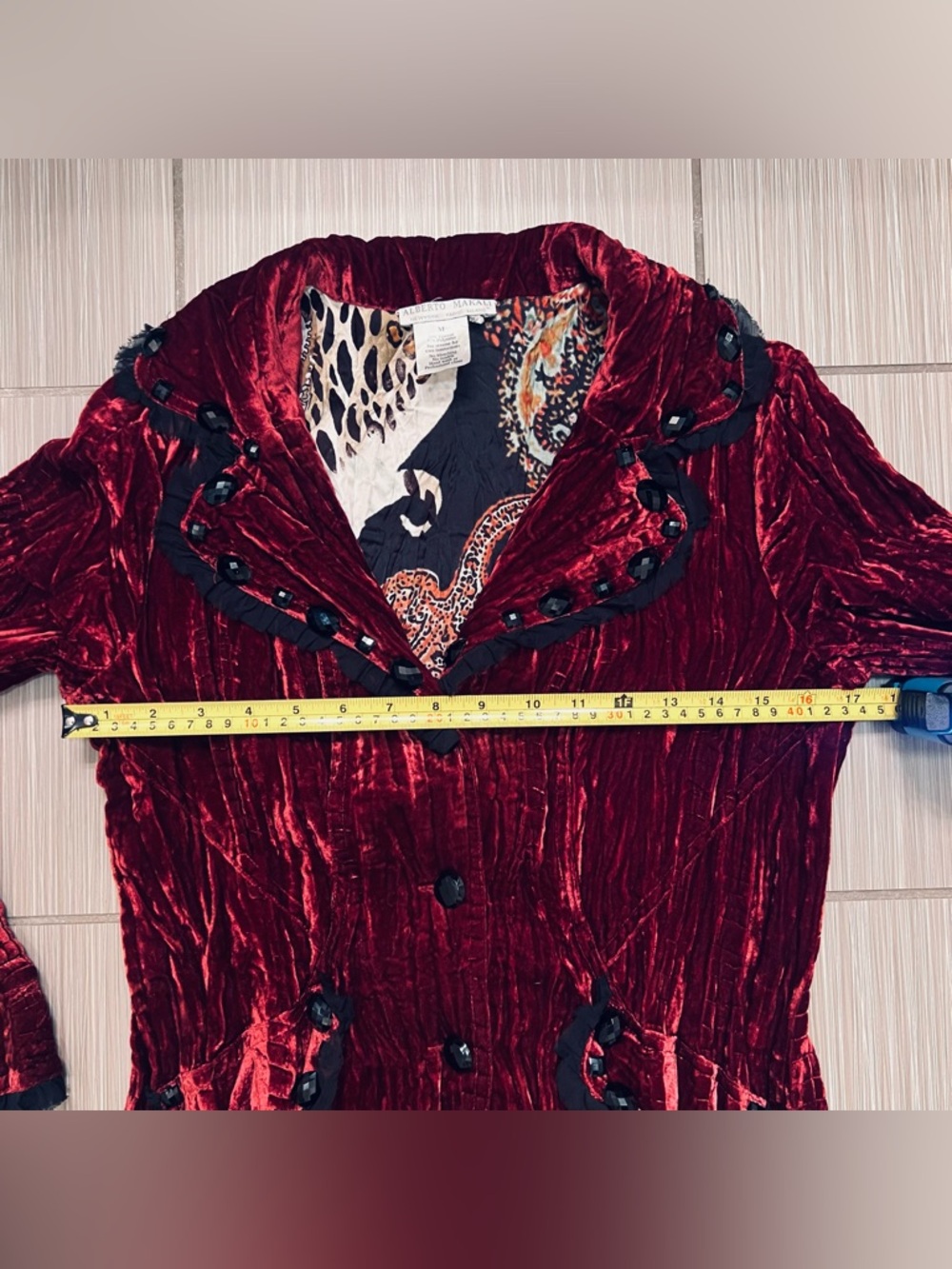 Y2K Alberto Malaki Burgundy Red Crushed Velvet Embellished Blazer boho XS - Picture 6 of 8